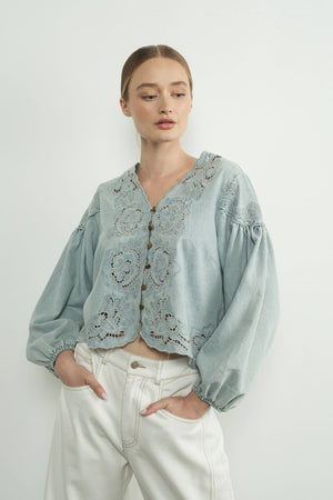 Denim Embroidery Volume Sleeve Blouse Top by Aaron & Amber