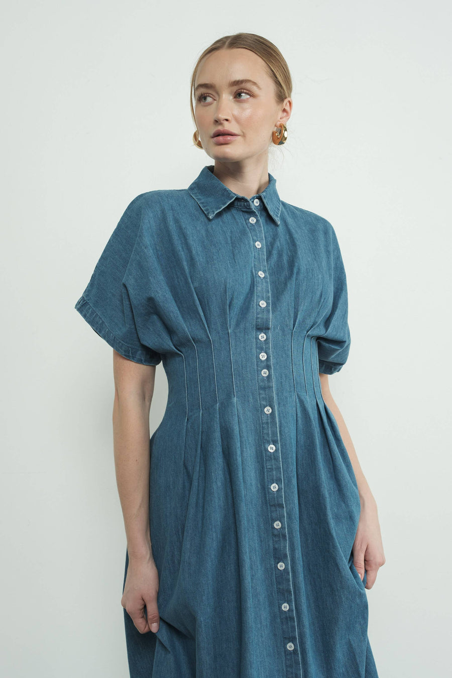 Button Front Pleated Shirts Midi Dress by Aaron & Amber