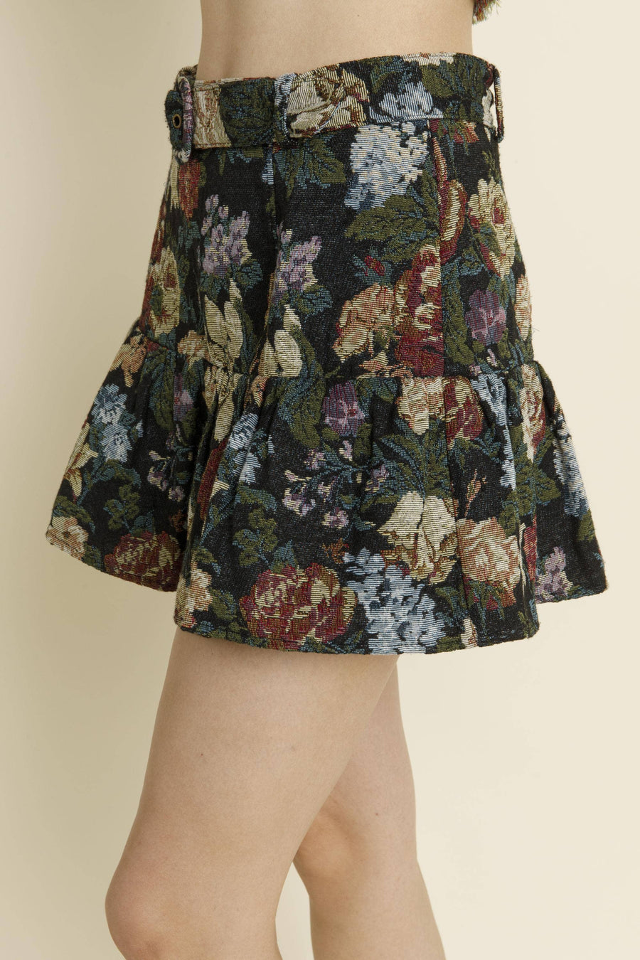 Belted Brocade Mini Skirt