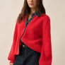 Ribbed Knit and Denim Button-Front Collared Cardigan