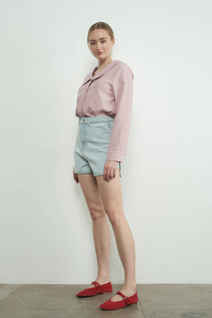 Checked Ruffle Edge Collar Buttondown Blouse by Aaron & Amber