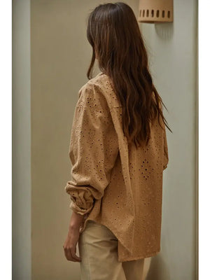 Donny Eyelet Shacket in Camel by By Together