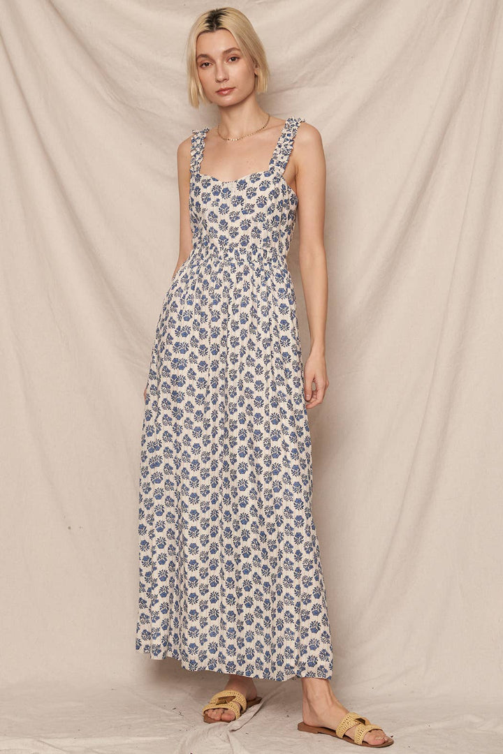 Sleeveless Printed Maxi Dress with Open Back Detail