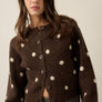Polka Dot Jacquard-Knit Button-Up Crew-Neck Cropped Cardigan