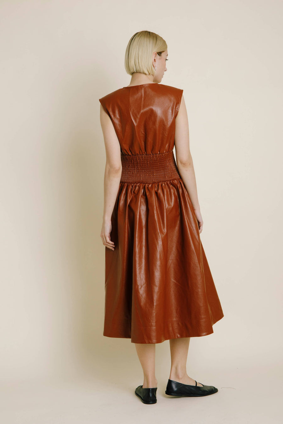 Vegan Leather Smocked Midi Dress