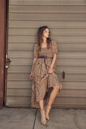 Victorian Floral Smocked Maxi Dress with Puff Sleeves and Ruffles