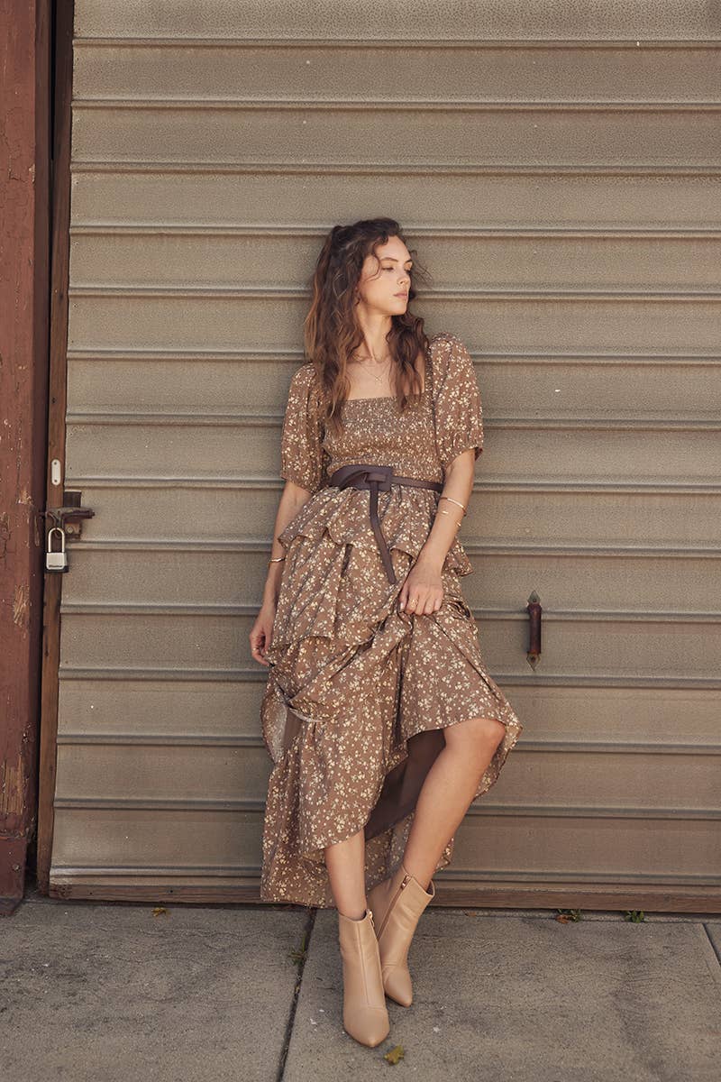 Victorian Floral Smocked Maxi Dress with Puff Sleeves and Ruffles