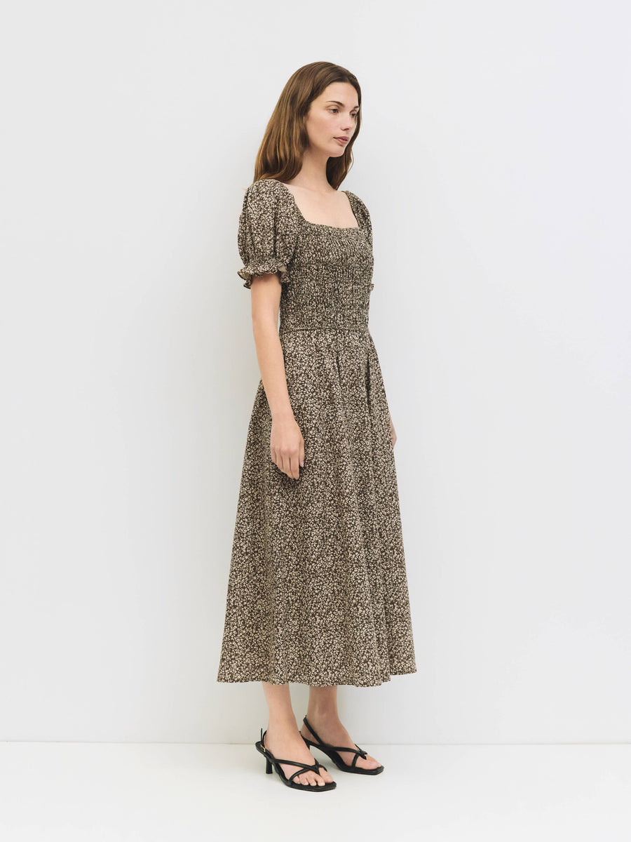 The Harleen Dress | Smocked Floral Midi Dress by All Row