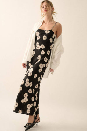 Floral Woven Self-Tie Maxi Dress in Black