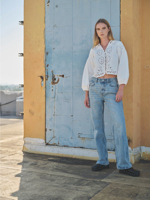 Denim Embroidery Volume Sleeve Blouse Top by Aaron & Amber