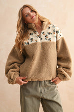 Half Zip Floral Print Contrast Sherpa Pullover