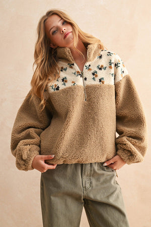 Half Zip Floral Print Contrast Sherpa Pullover