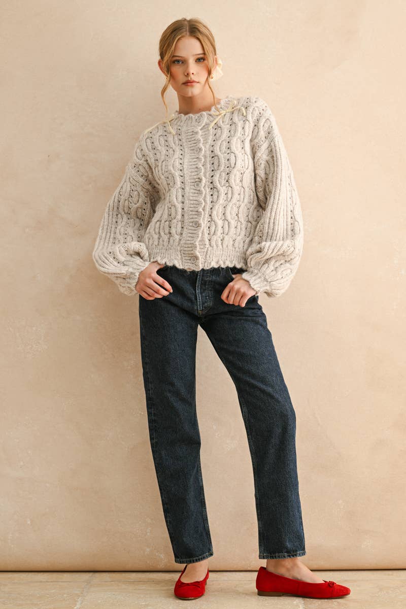 Scalloped Edge Cable Knit Cardigan