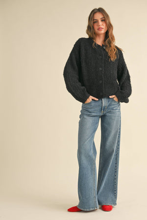 Round-neck Button Front Sweater Cardigan in Black