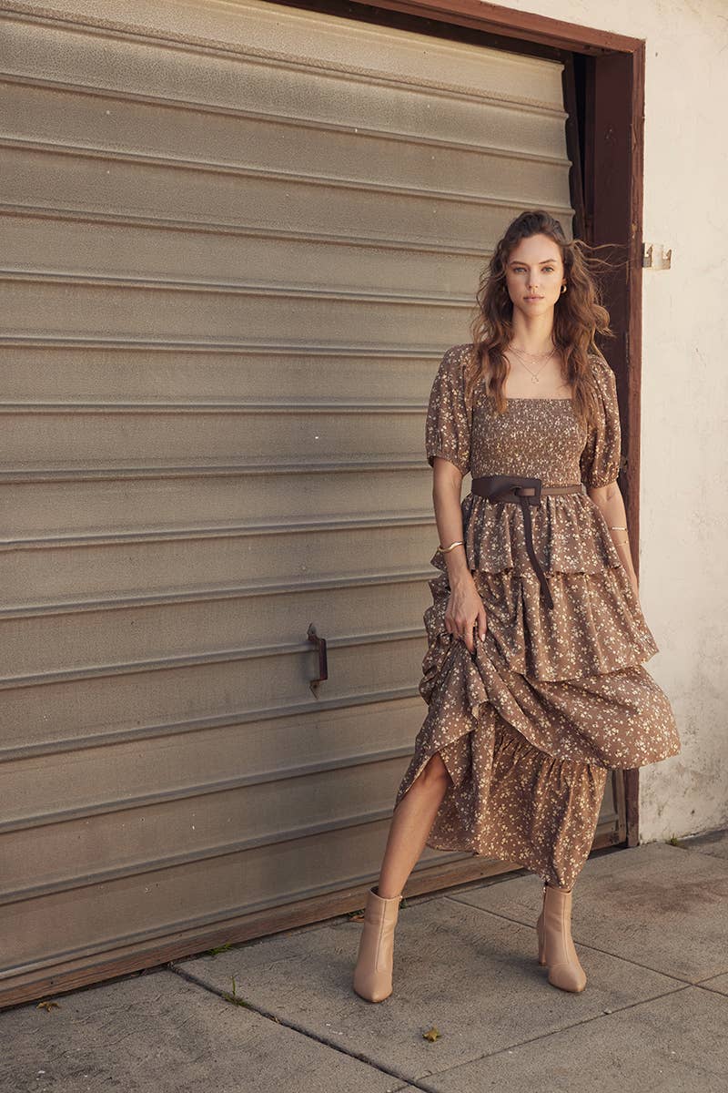 Victorian Floral Smocked Maxi Dress with Puff Sleeves and Ruffles