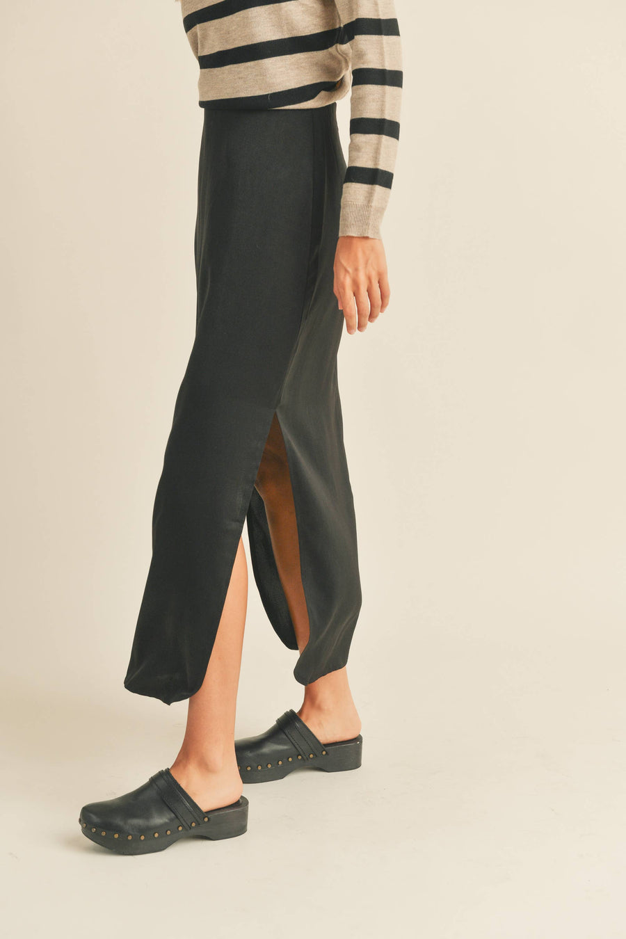 Satin Side Slit Skirt in Black