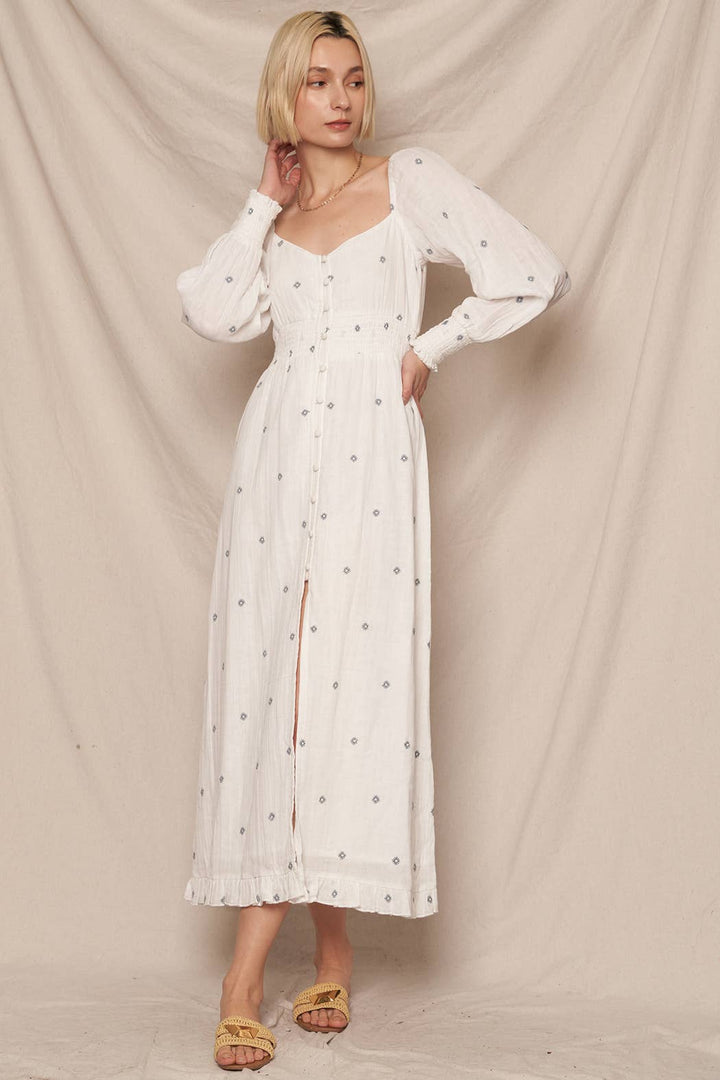 Embroidered Polka Dot Long Sleeve Maxi Dress