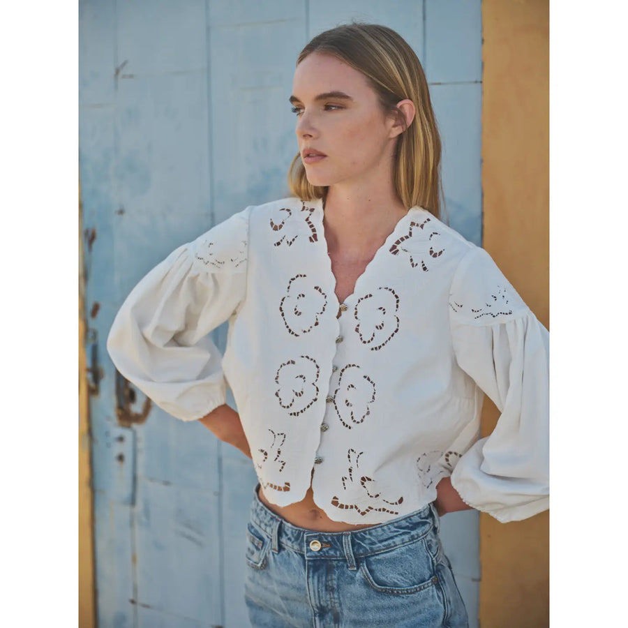 Denim Embroidery Volume Sleeve Blouse Top by Aaron & Amber