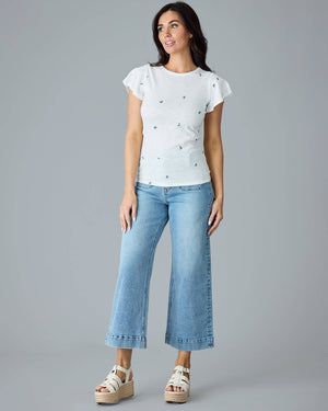 Flutter Sleeve Embroidered Tee in Embroidered Floral by Downeast