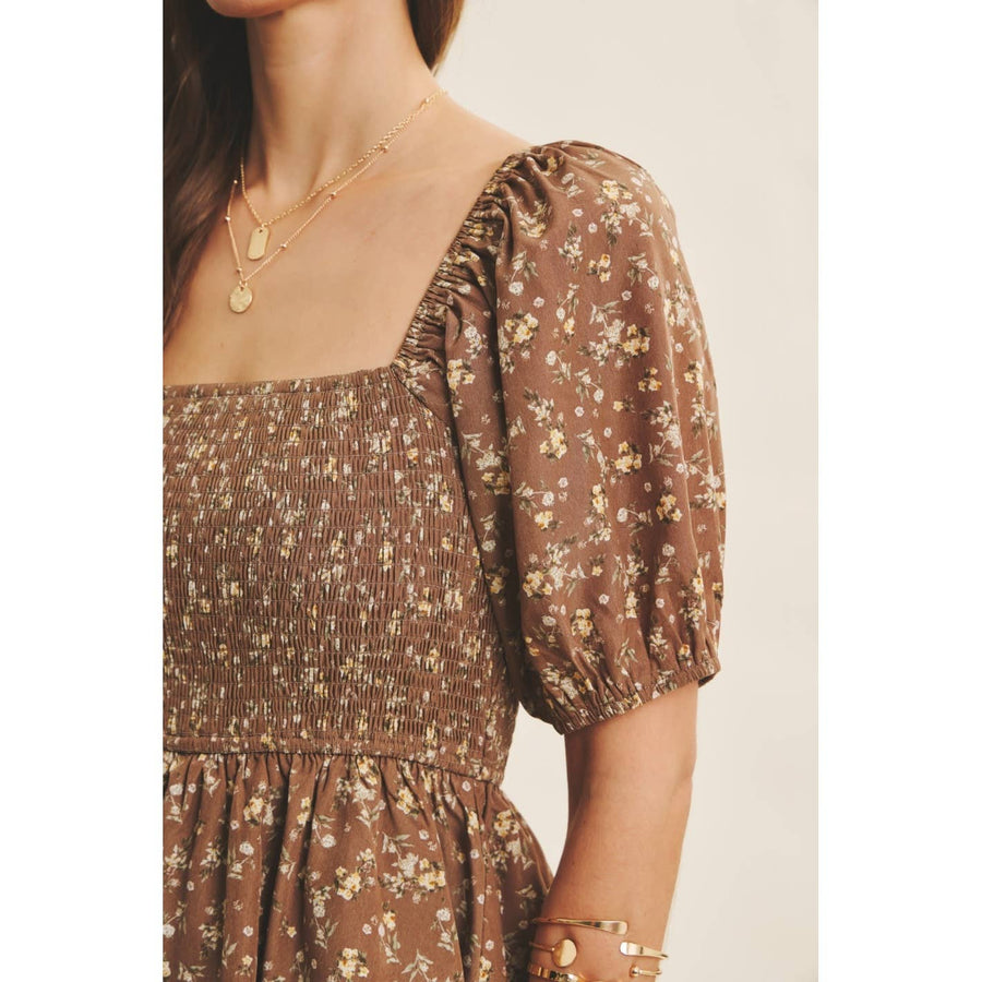 Victorian Floral Smocked Maxi Dress with Puff Sleeves and Ruffles