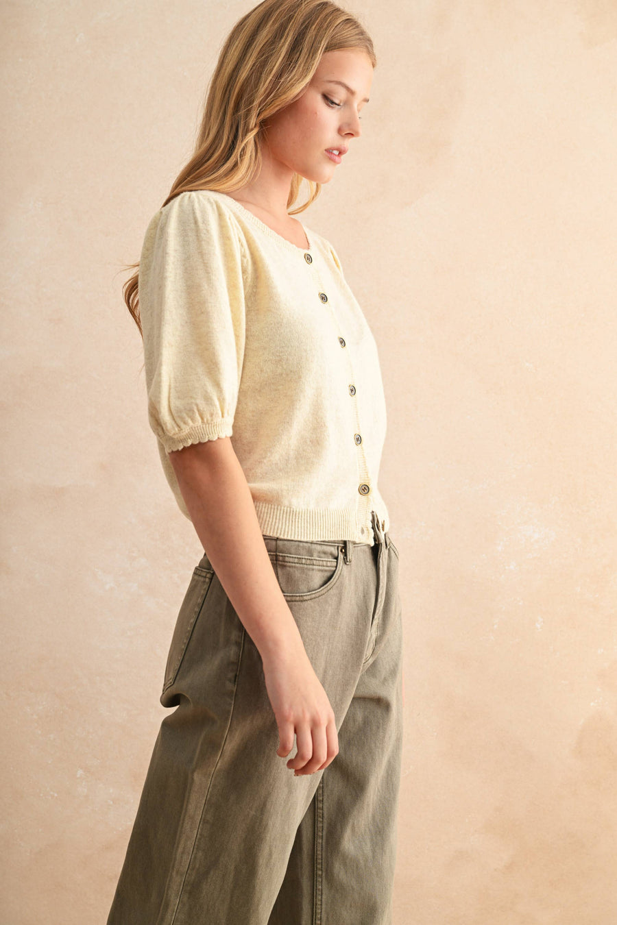Puff Short Sleeve Button Down Knit Cardigan