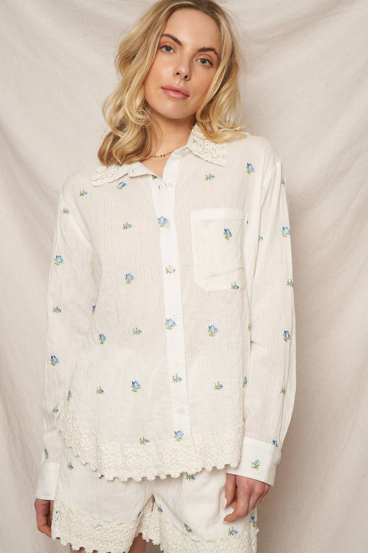 Floral Pattern Long Sleeve Shirt with Lace Trim