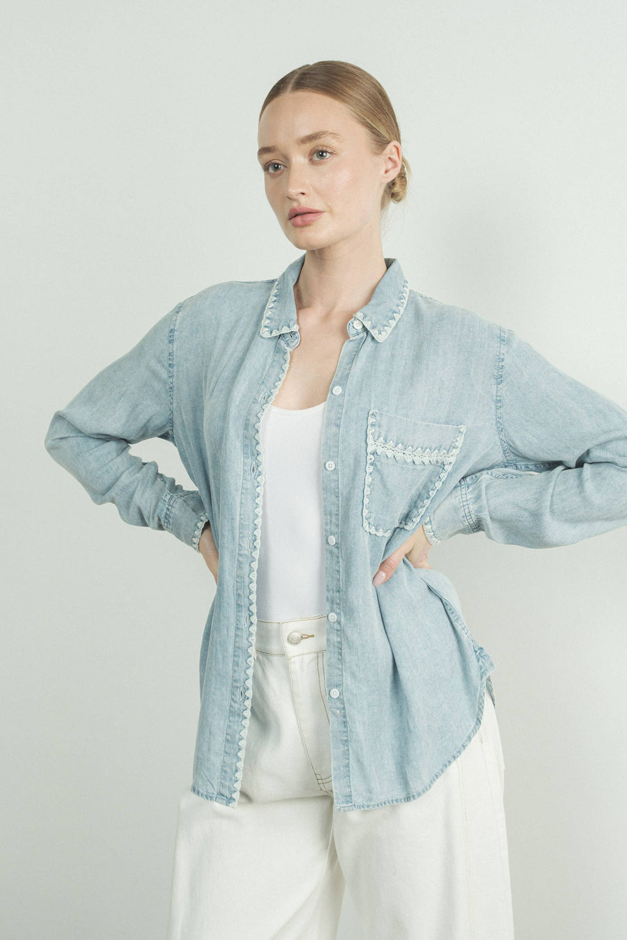 Denim Shirt with Embroidery Edge by Aaron & Amber