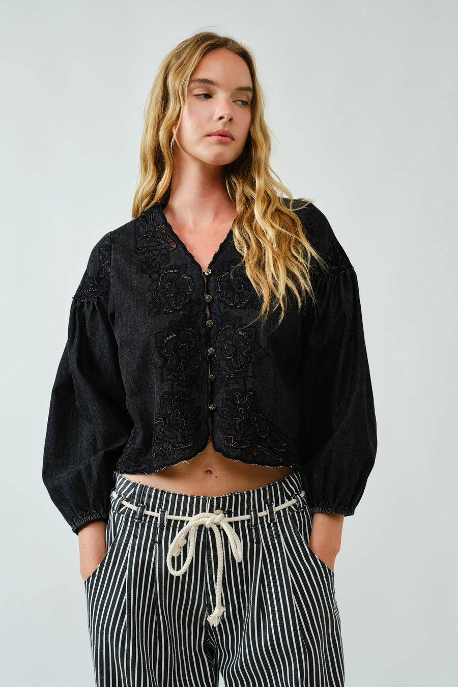 Denim Embroidery Volume Sleeve Blouse Top by Aaron & Amber
