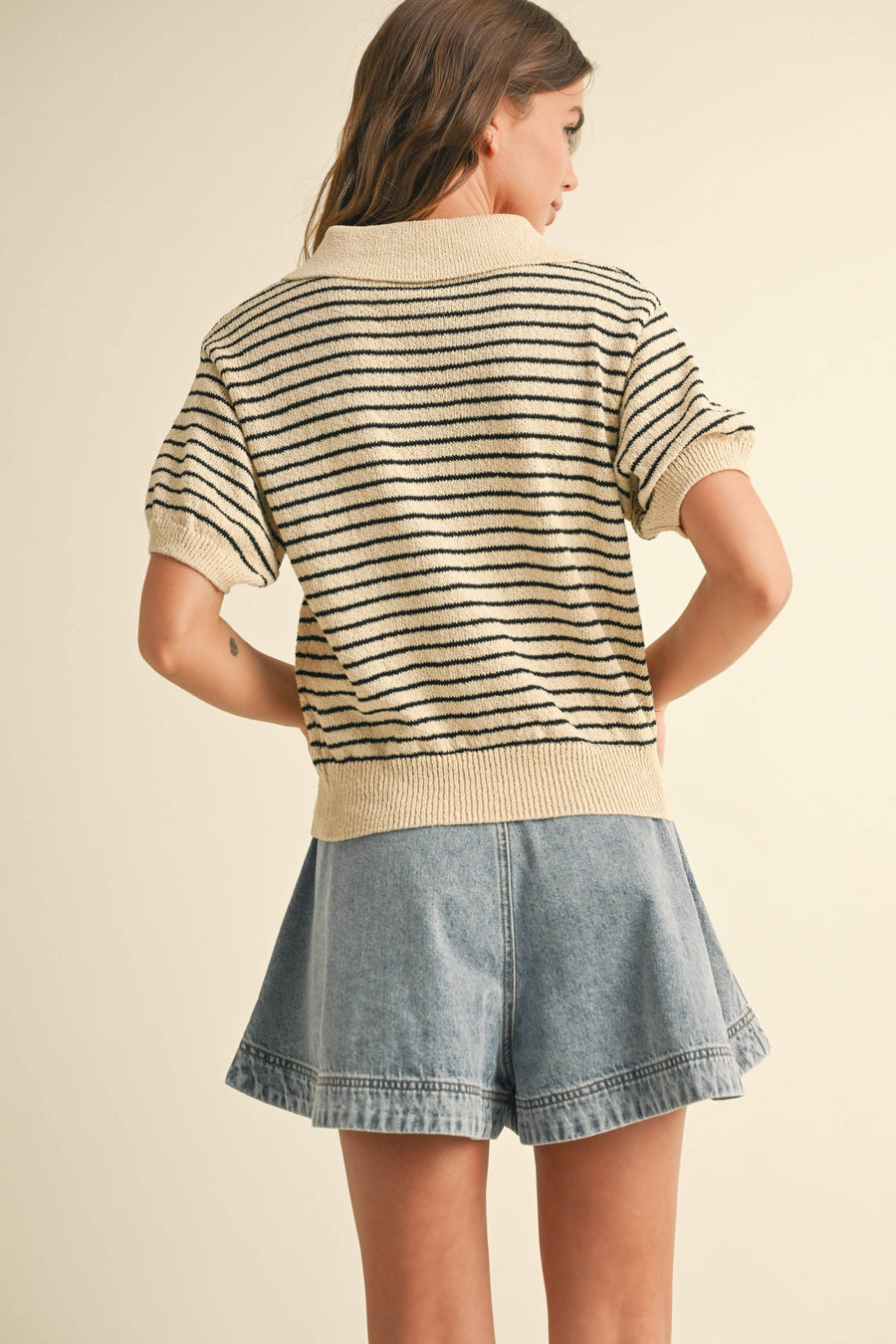 Striped Button Front Short Sleeve Knitted Top