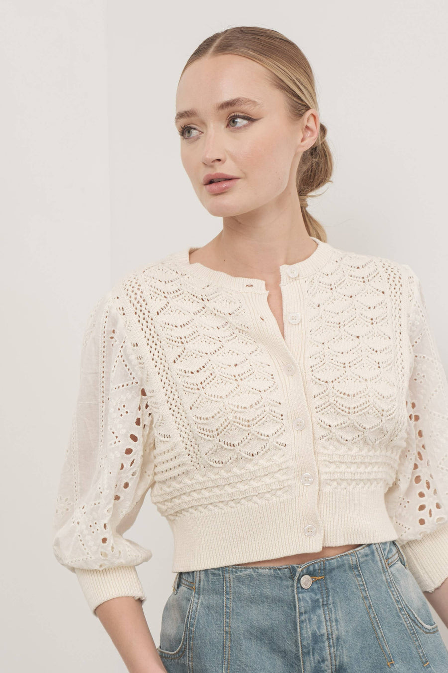 Hendry 3/4 Sleeve See Through Cardigan in Cream