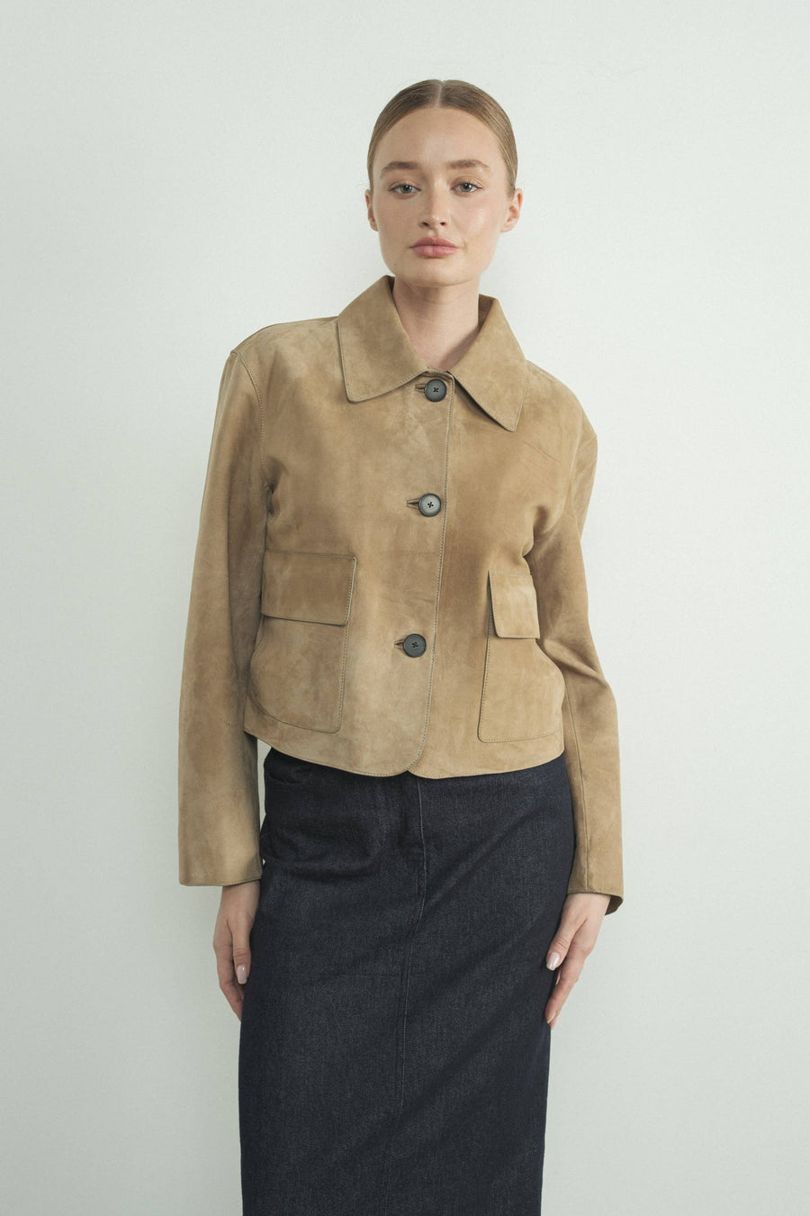 Faux Suede Collared Short Jacket by Aaron & Amber