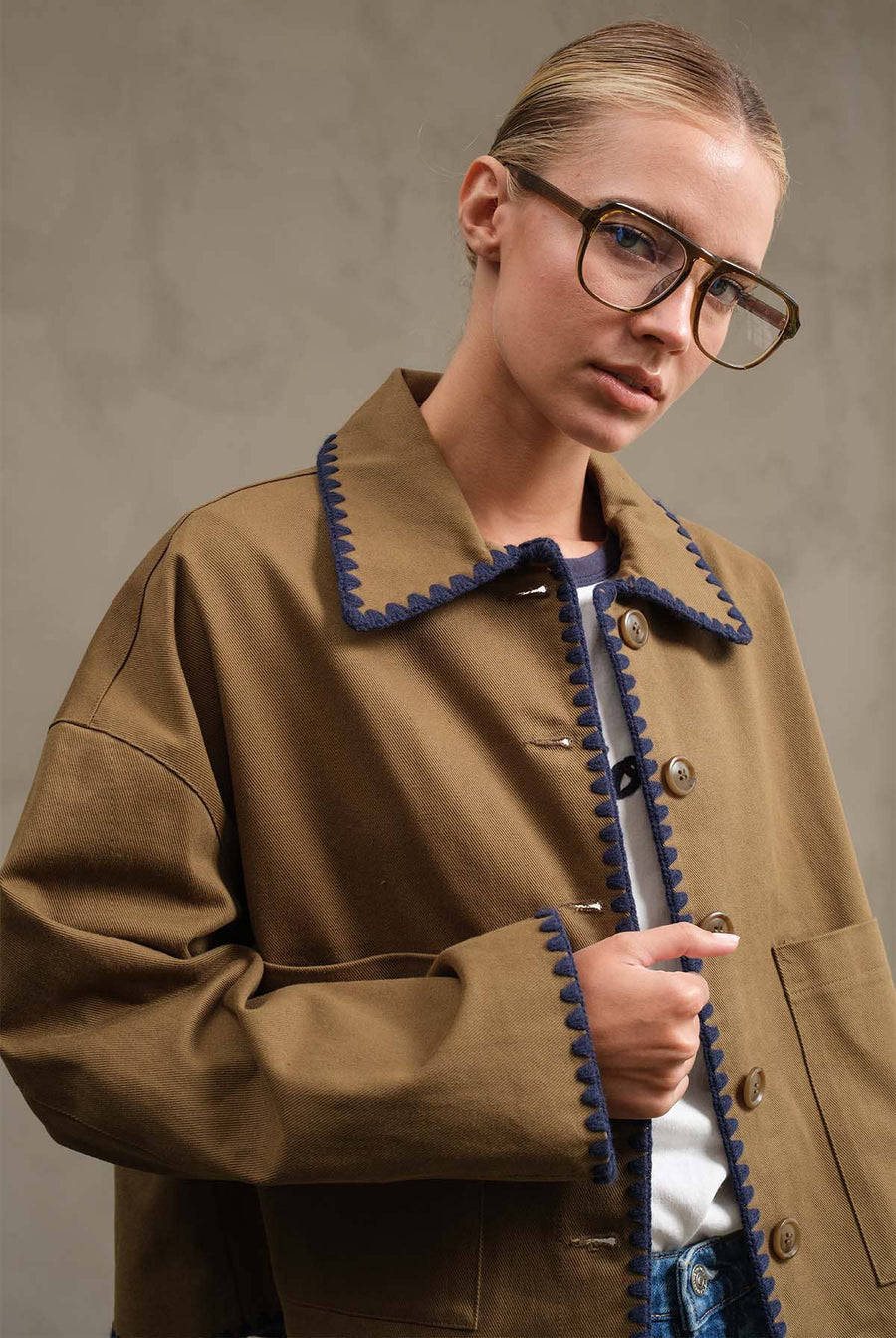 Collar Jacket with Contrast Stitching