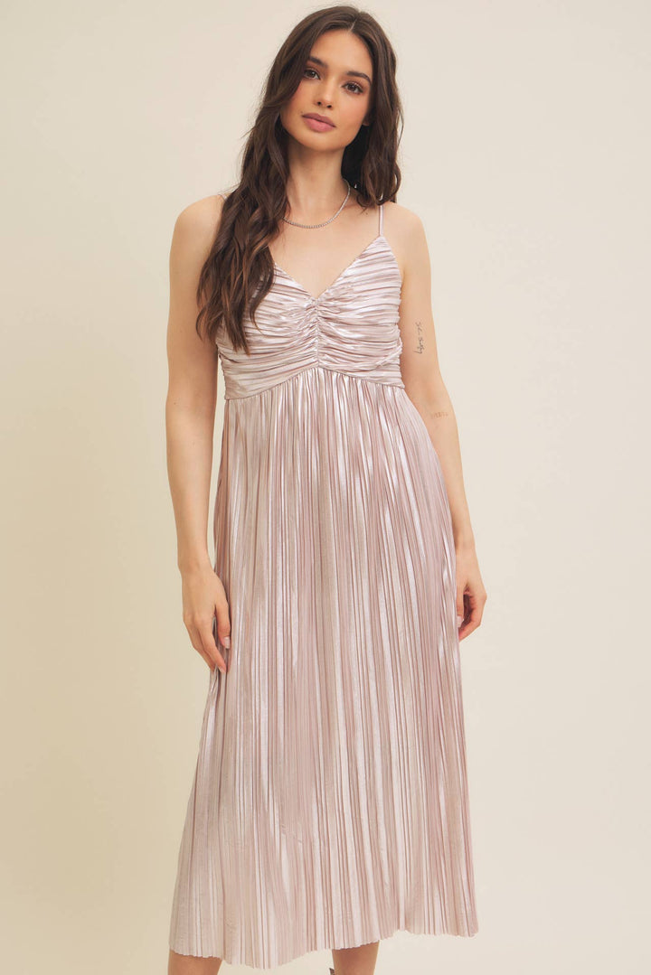 Shiny Metallic Pleated Midi Dress with Smocked Back