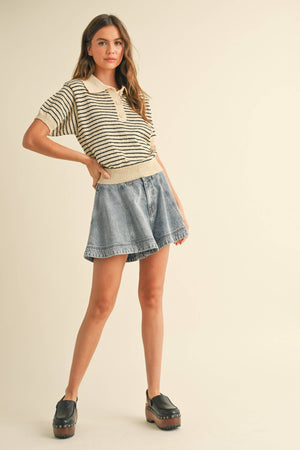 Striped Button Front Short Sleeve Knitted Top