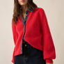 Ribbed Knit and Denim Button-Front Collared Cardigan