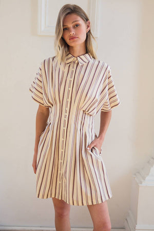 Stripe Dolman-Sleeve Button-Front Mini Dress Cream Plum Stripe / Medium