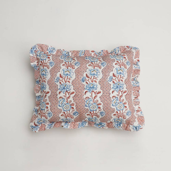 Block Printed Ruffle Cushion Cover in Pink Blooming Trellis by Craft Boat