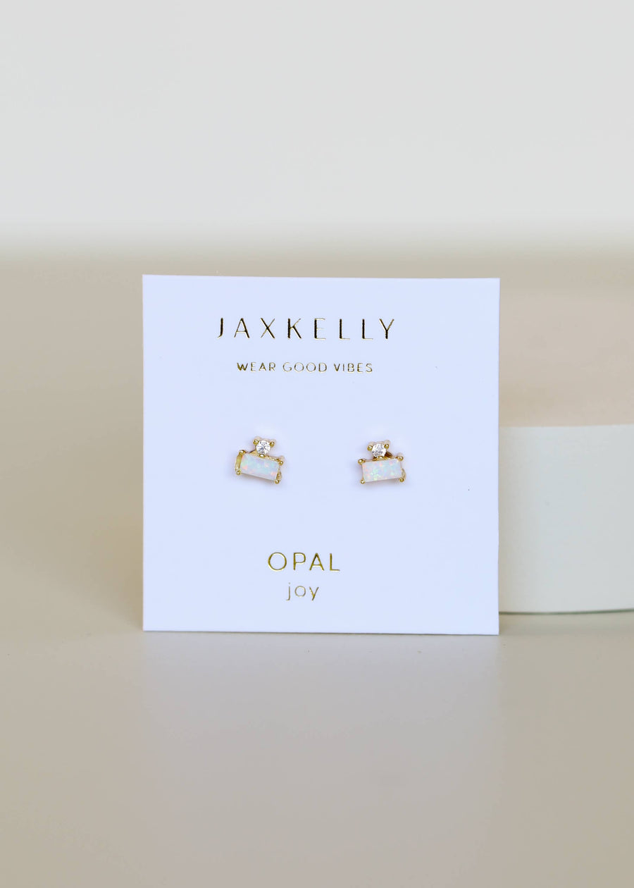 Double Stud Stack Gold Earrings in Opal White by JaxKelly