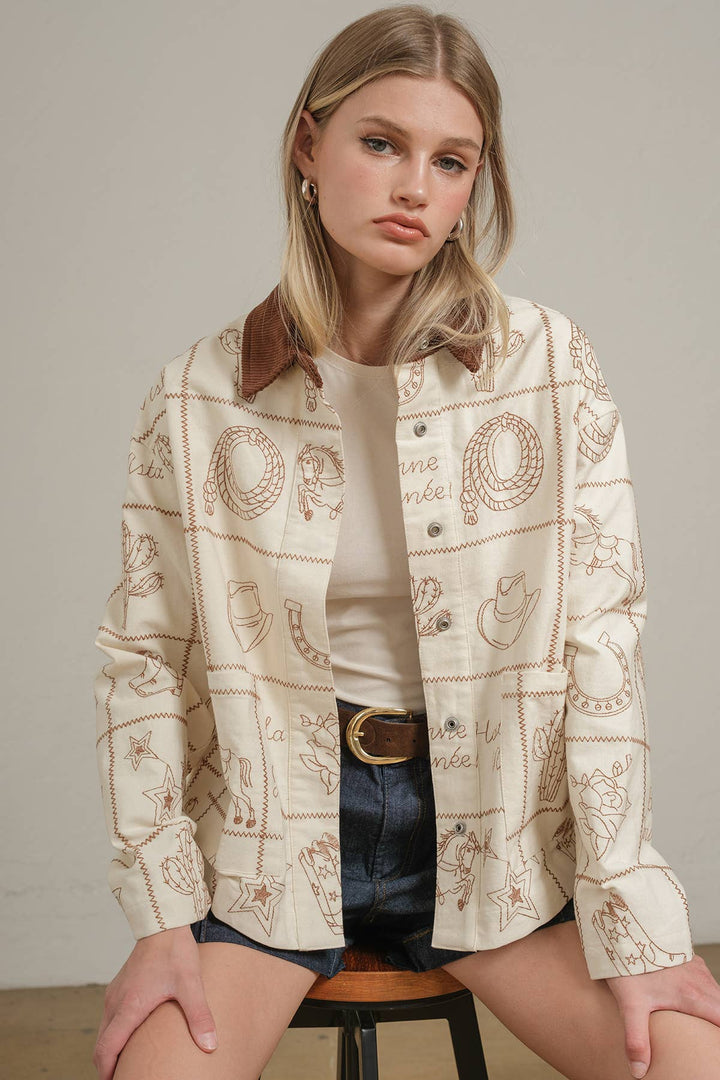 Western Embroidered Jacket with Corduroy Collar