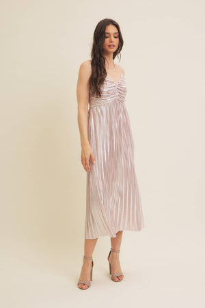 Shiny Metallic Pleated Midi Dress with Smocked Back