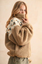 Half Zip Floral Print Contrast Sherpa Pullover