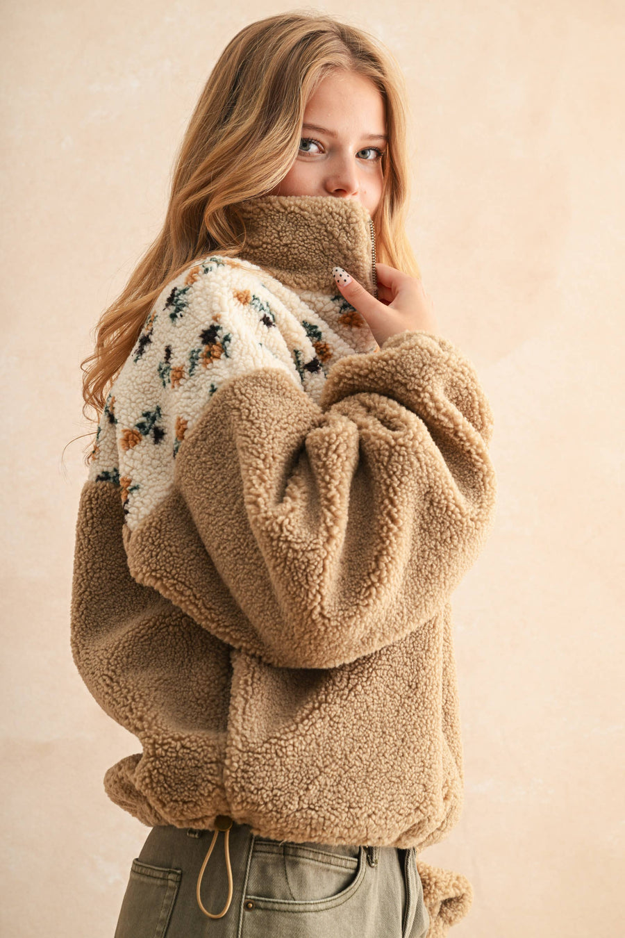 Half Zip Floral Print Contrast Sherpa Pullover