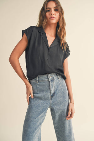 Button Down Cap Sleeve Shirt in Black