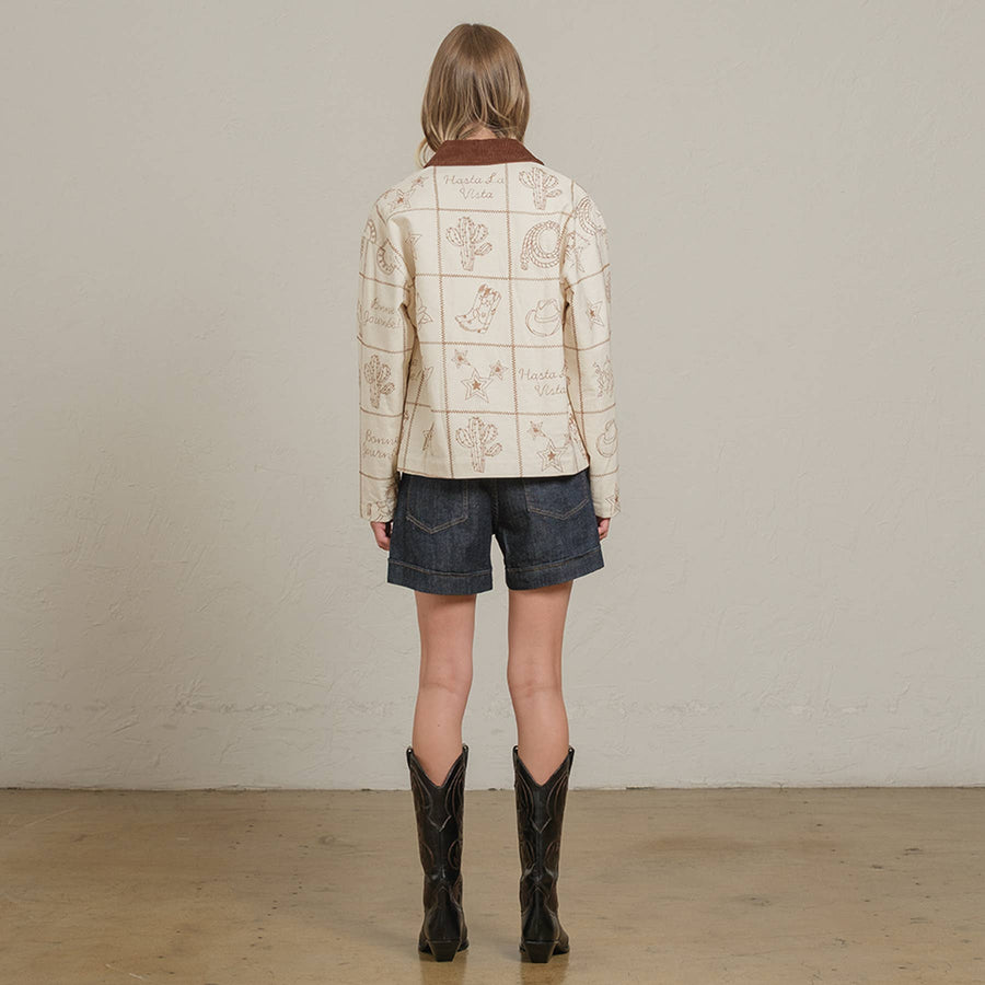 Western Embroidered Jacket with Corduroy Collar