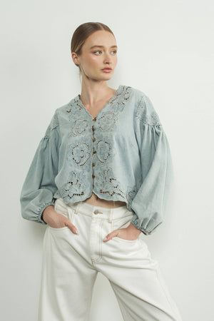 Denim Embroidery Volume Sleeve Blouse Top by Aaron & Amber