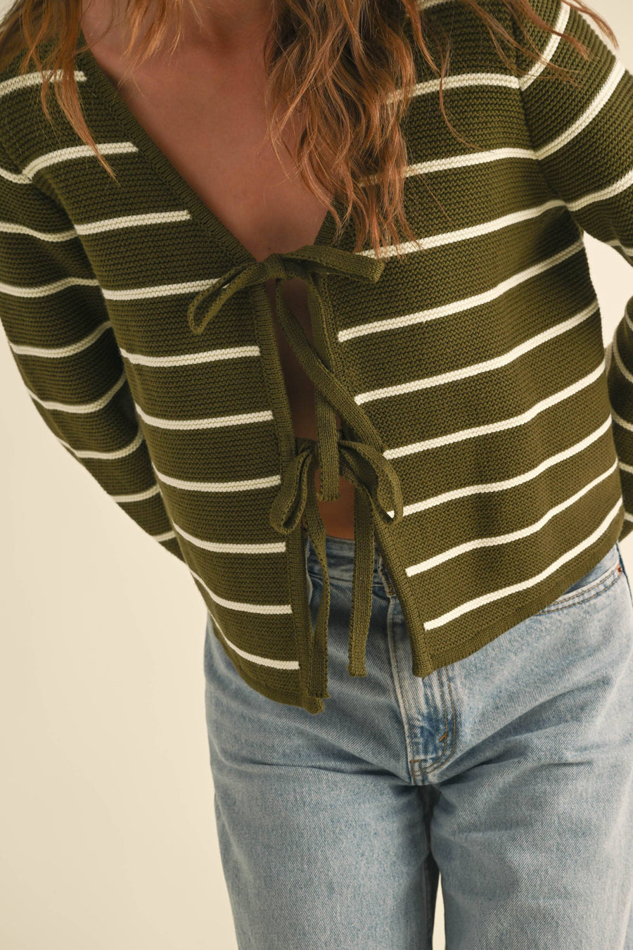 Striped Tied Front Cardigan in Olive and White