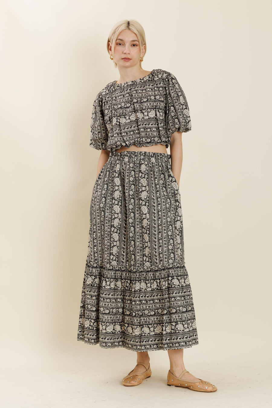 Striped Floral Midi Skirt