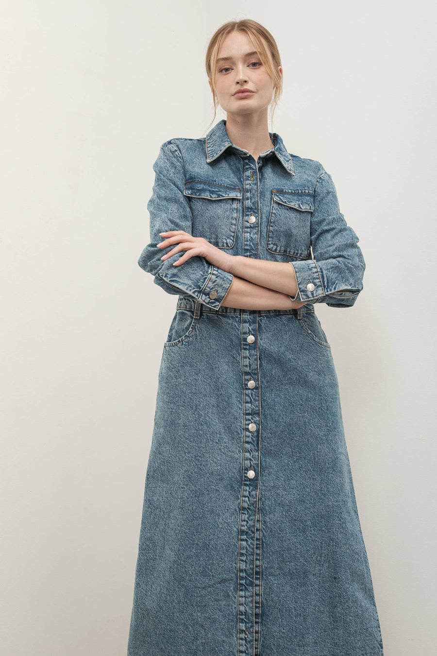 Denim Lapel Collar Maxi Dress by Aaron & Amber