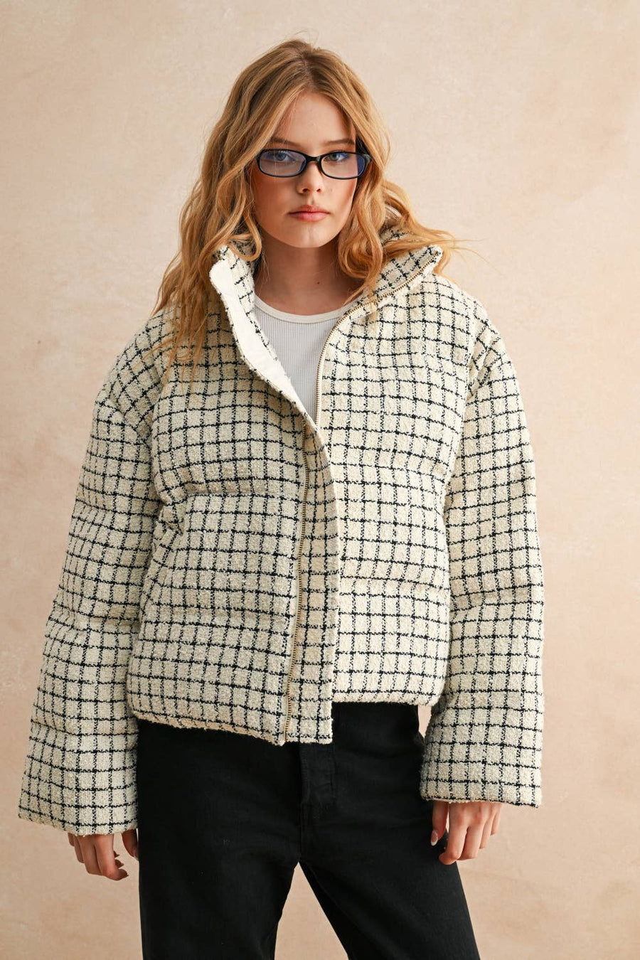 Patterned Tweed Puff Jacket