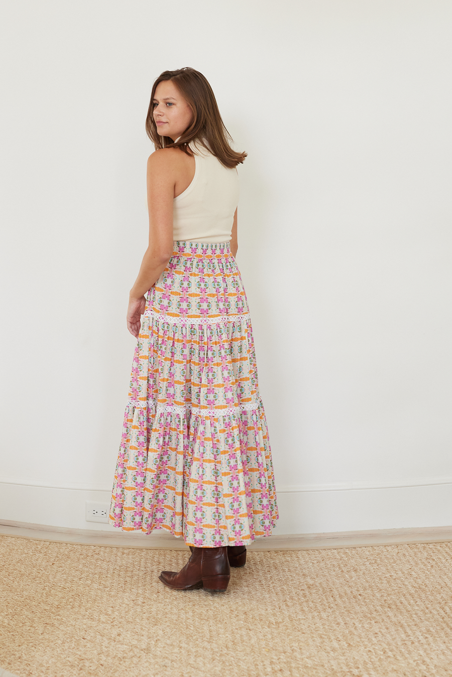 Triple Tiered Maxi Skirt in Begonia by Brooks Avenue